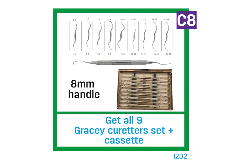 Gracey Curettes Full Set of 9 with Sterilisation Cassette - C8 8mm Handles - Equate Instruments