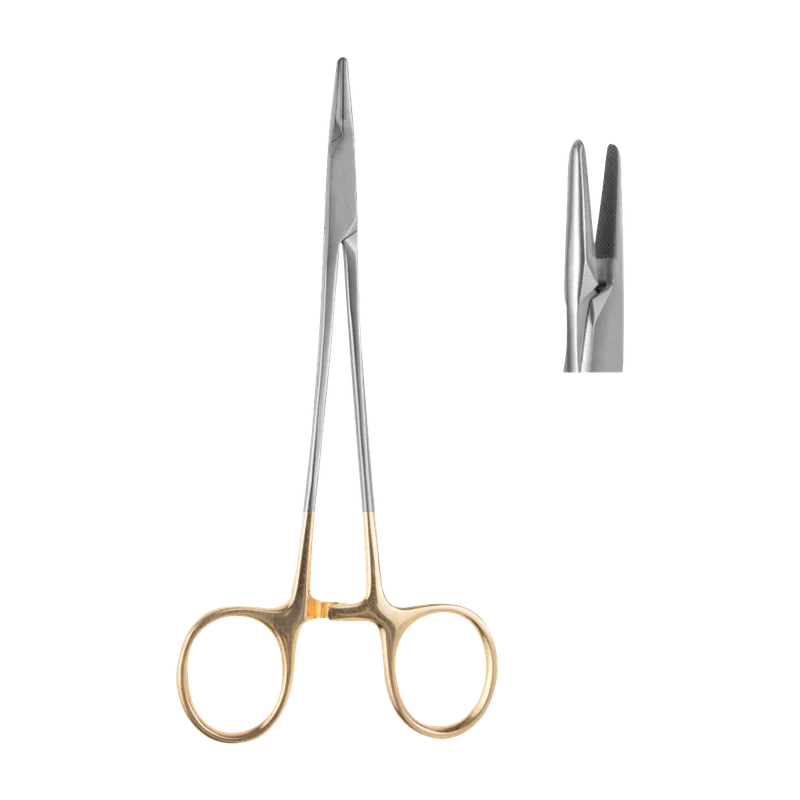 Crile-Wood Needle Holder 15 cm - Tungsten Carbide Jaws with Gold Rings - Equate Instruments