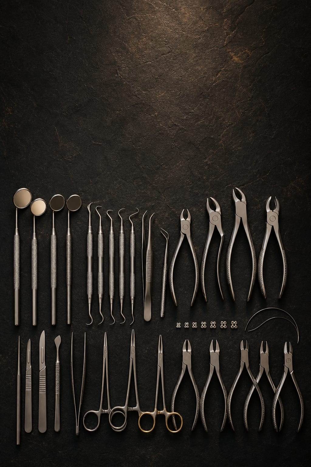 Equate medical and dental instruments arranged on dark stone