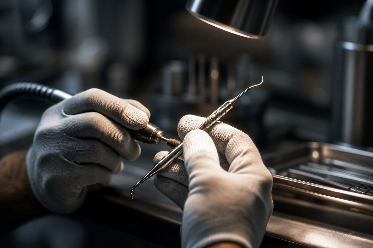 Gloved hands hand-finishing an Equate instrument