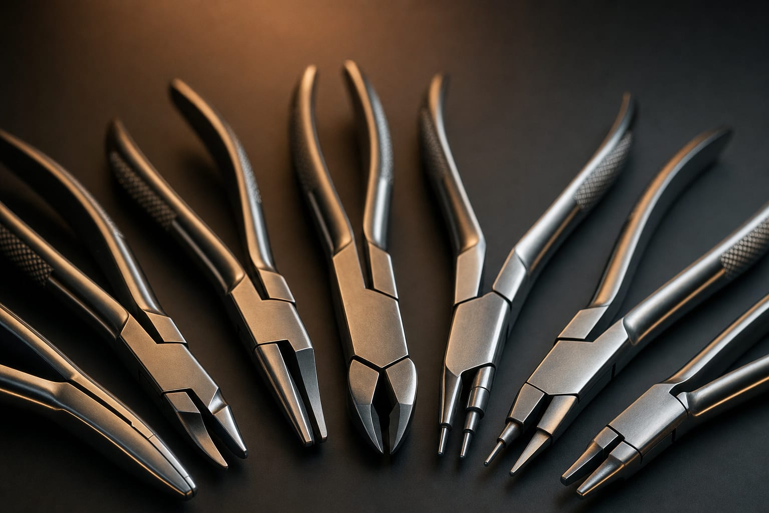 A fan of Equate orthodontic pliers under warm bronze light